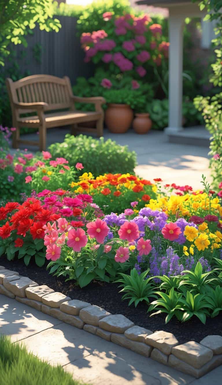 A residential backyard with a colorful flower bed full of blooming flowers and a clean patio area in bright daylight.