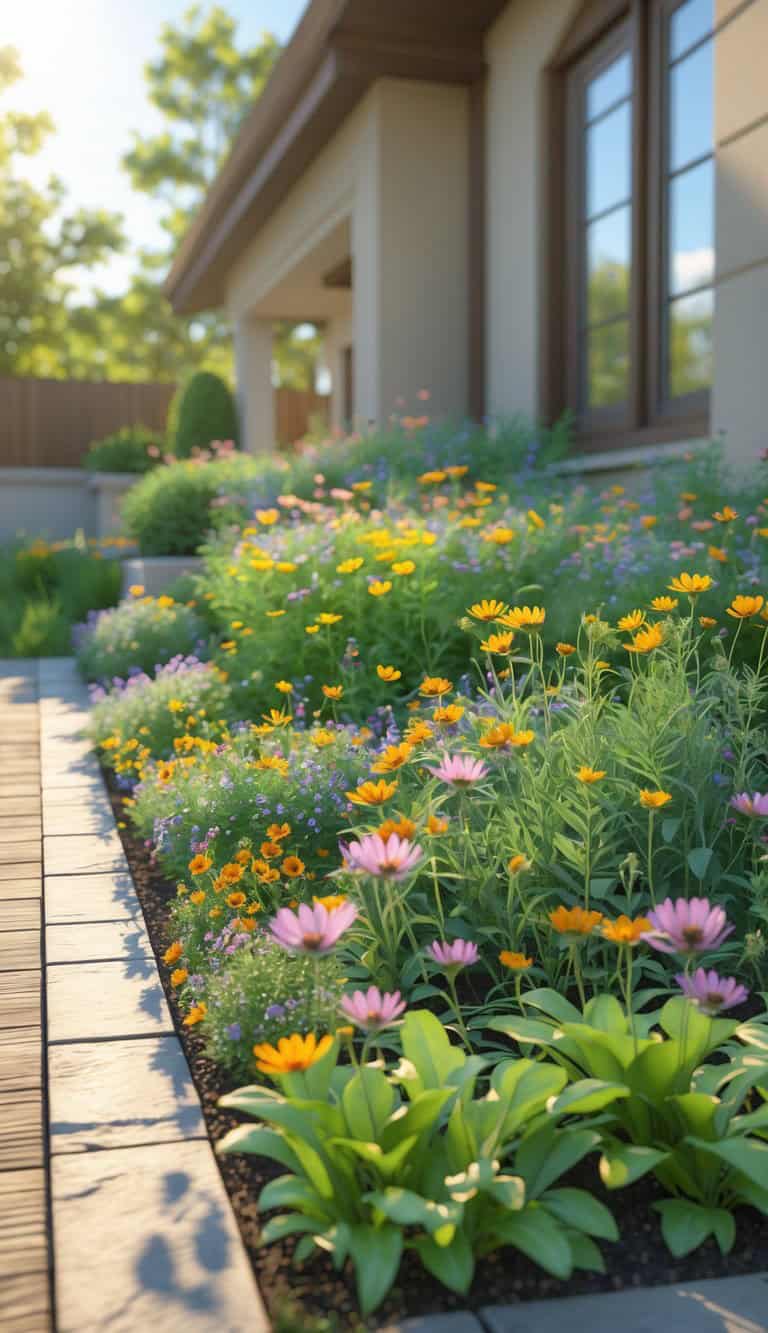 A lush garden with a variety of colorful flowers, including yellow, orange, and pink blooms, lining a paved walkway next to a house on a sunny day.
