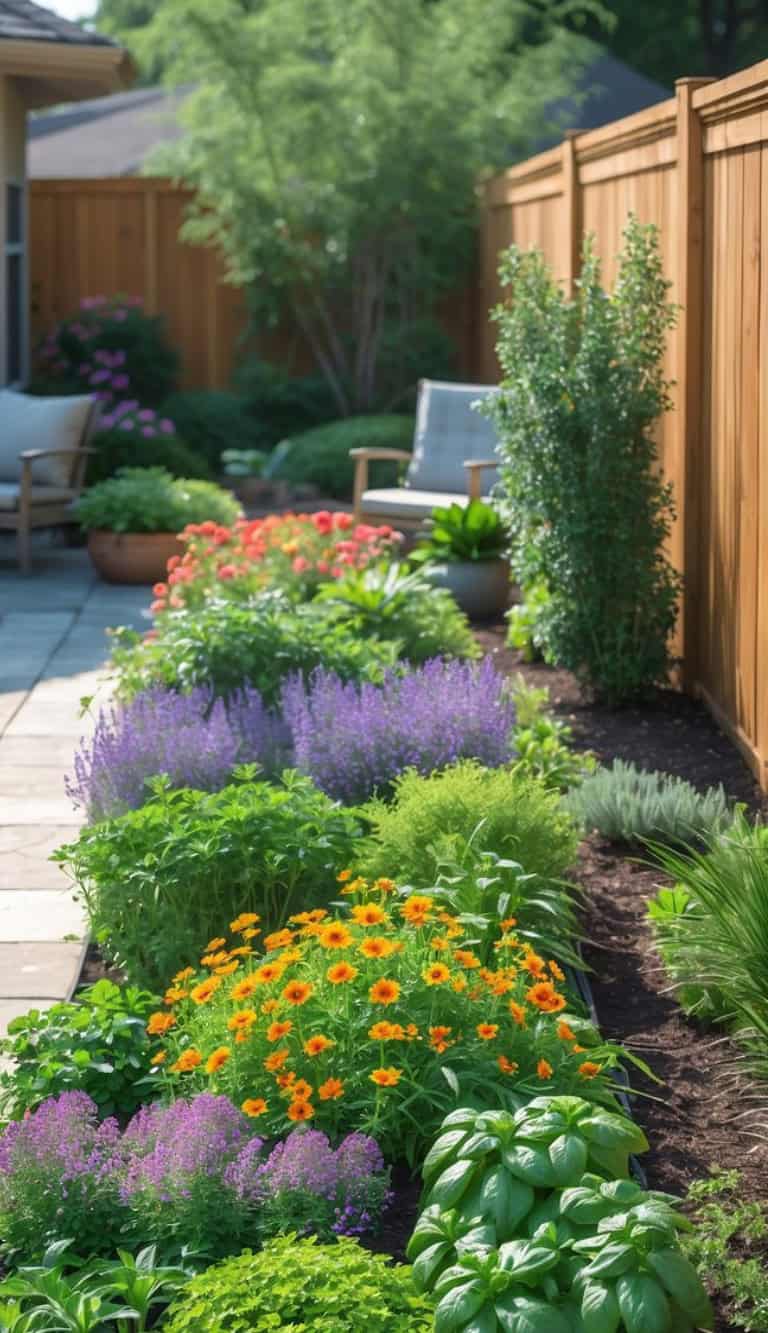 A well-maintained backyard garden featuring various plants and flowers, including orange and purple blooms, with a wooden fence running along the side. A patio with stone tiles and a couple of chairs is visible in the background, providing a cozy outdoor seating area.