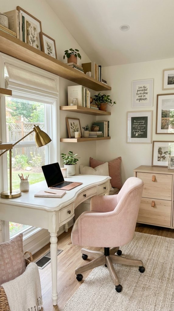 Cozy she shed idea designed as a home office with floating shelves, classic desk, pink chair, and natural light.