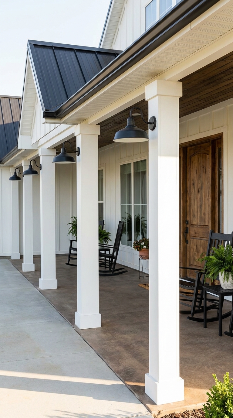 A farmhouse-style front porch with white columns, black metal roof, wooden door, rocking chairs, and potted plants.