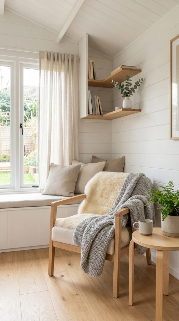 Cozy she shed idea with white shiplap walls, floating wood shelves, vaulted ceiling, and a neutral reading chair by the window.