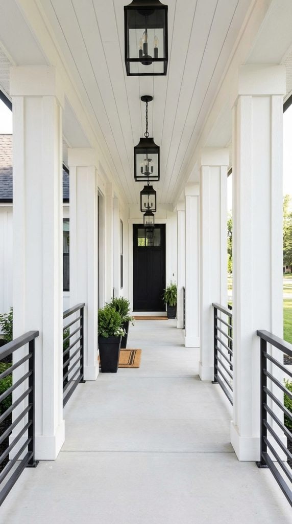 Evenly spaced white farmhouse porch columns lining a long covered porch with black metal railings and lantern lighting.