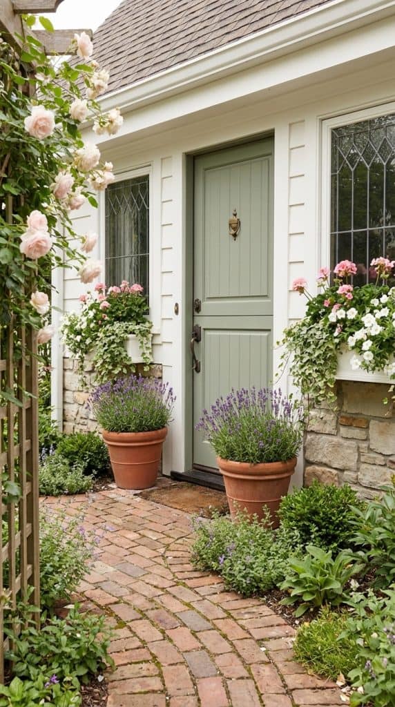 Rose trellis beside green board-and-batten door, white siding, stone foundation, flower boxes, and structured greenery shaping a cottage-inspired front entrance idea.