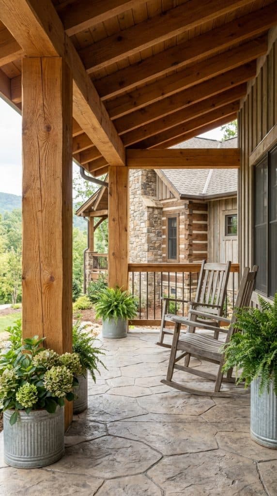 Stained wood farmhouse porch columns with exposed rafters and stamped concrete porch flooring.
