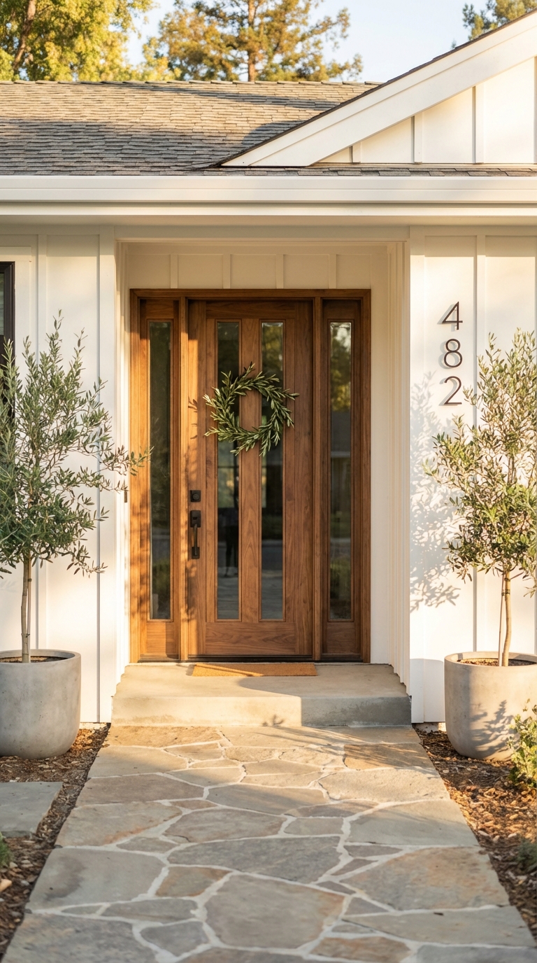 Front entrance of a house with a wooden door, adorned with a wreath, and flanked by two potted plants on either side, featuring house number 482 on the wall.