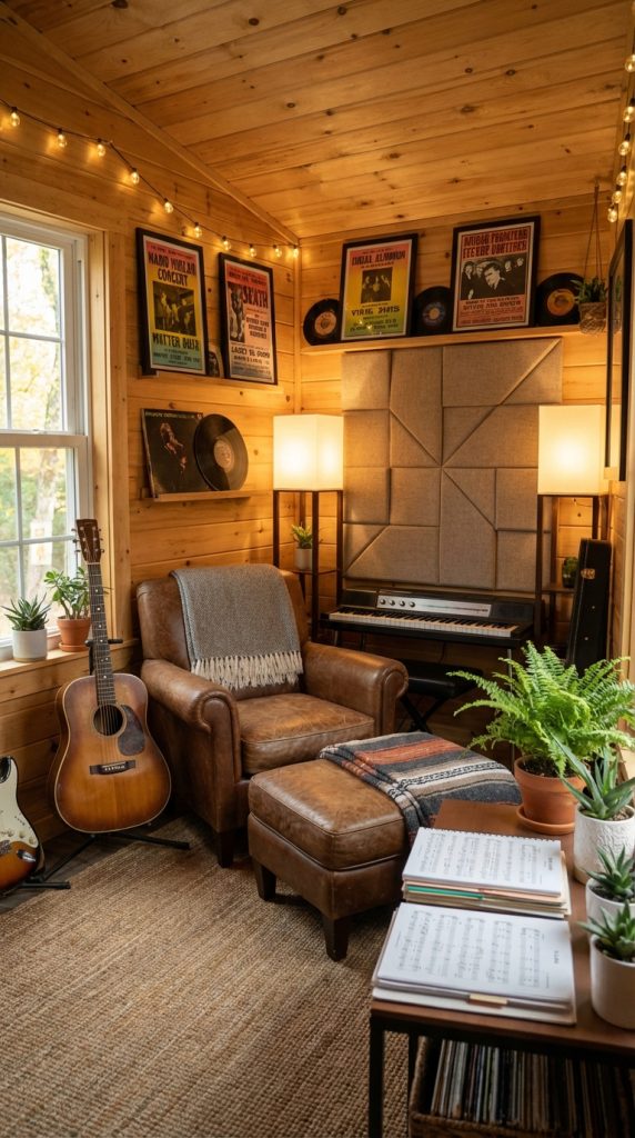 Cozy she shed idea with wood-paneled walls, leather chair, acoustic wall panels, guitars, and framed music posters.