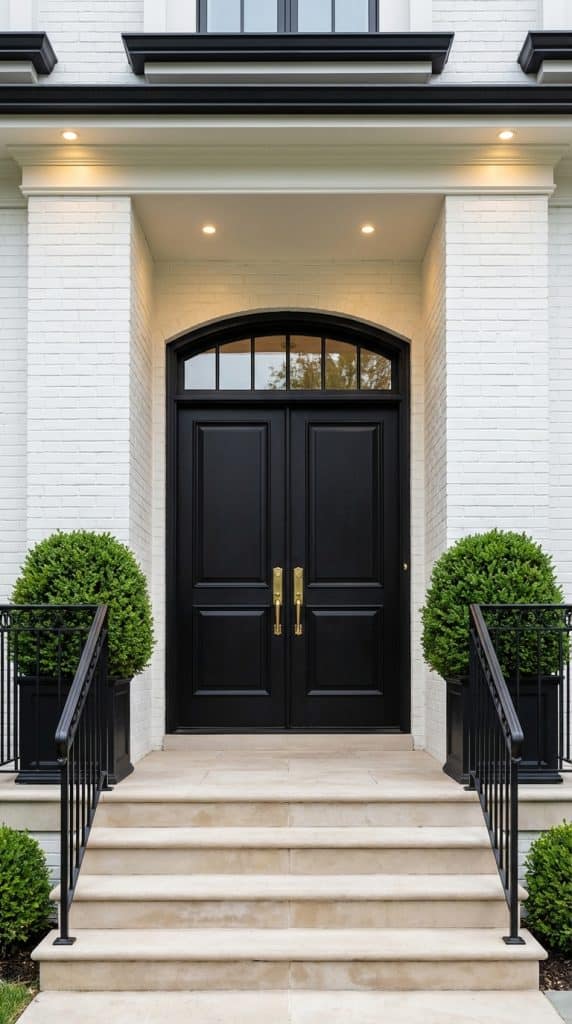 Formal front entrance idea with black double doors, arched transom window, white painted brick facade, brass hardware, boxwood topiaries, limestone steps, and iron railings.