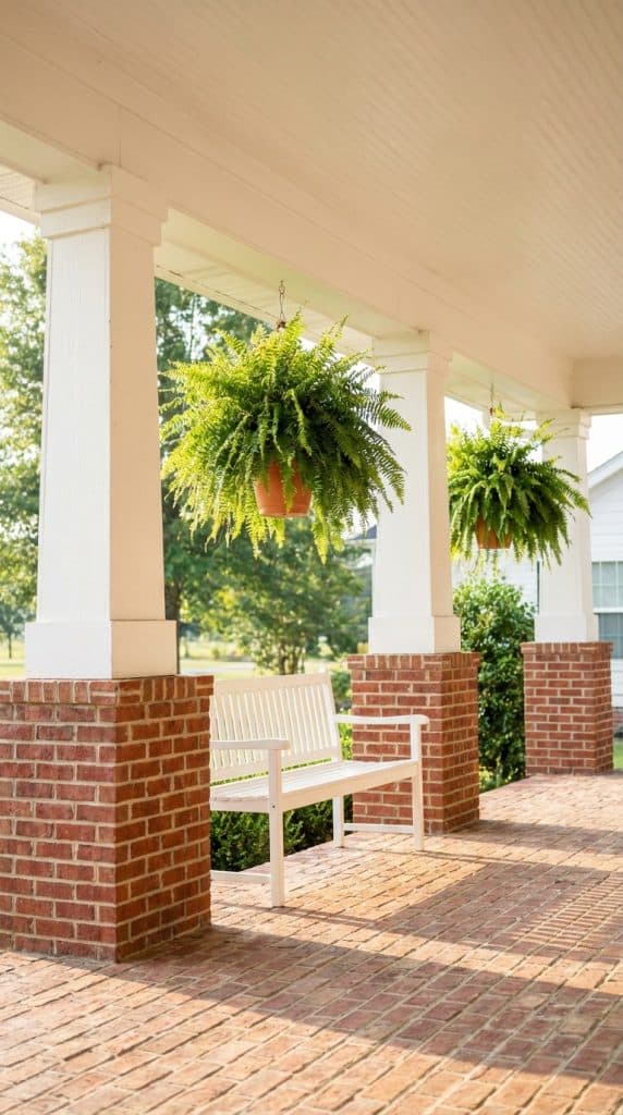 White farmhouse porch columns rising from brick bases on a covered porch with brick flooring and hanging plants.