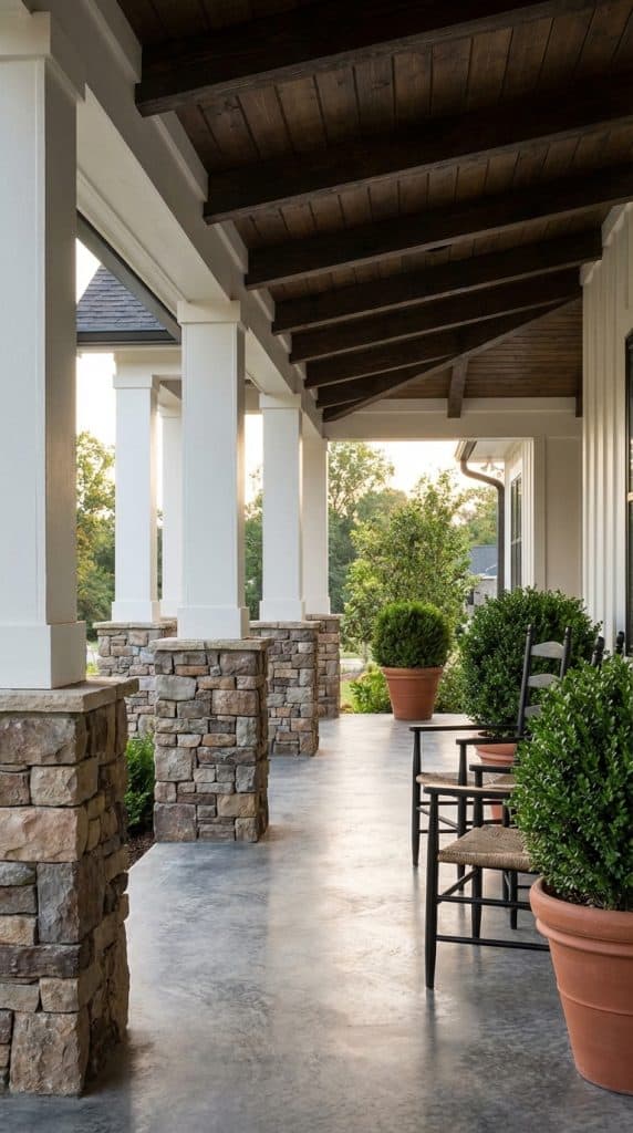 Stacked stone piers supporting white farmhouse porch columns beneath a dark exposed beam ceiling on a covered porch.