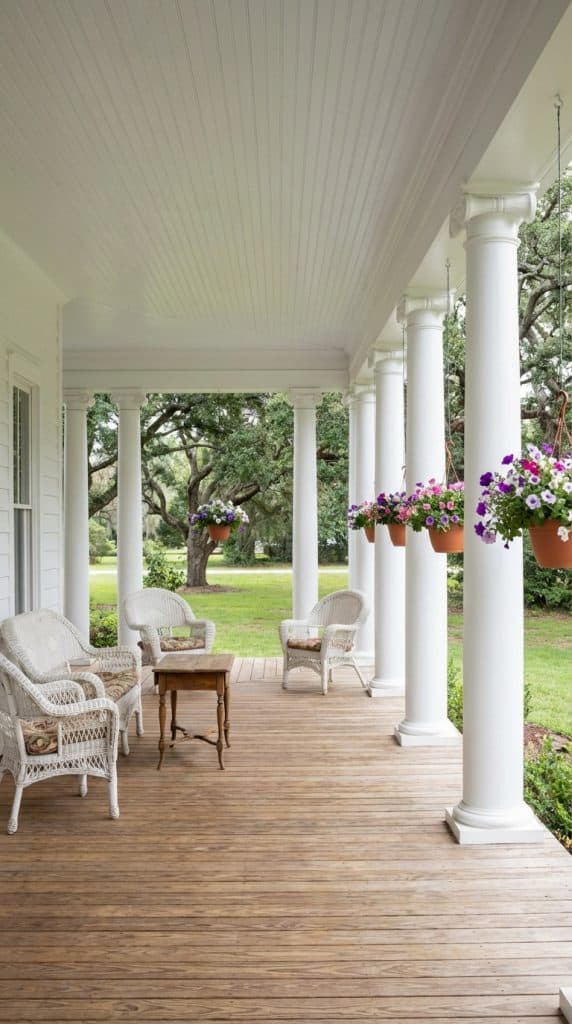 Round white farmhouse porch columns with molded bases lining a long wooden porch with wicker seating and hanging flower baskets.