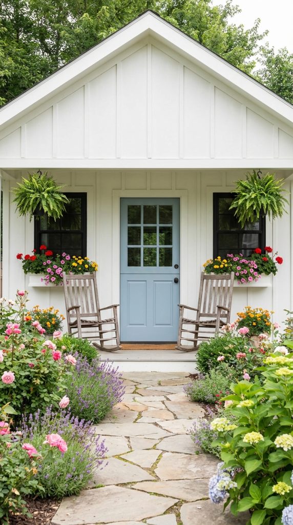 Charming she shed idea with white board-and-batten siding, blue door, rocking chairs, and colorful garden flowers along a stone path.