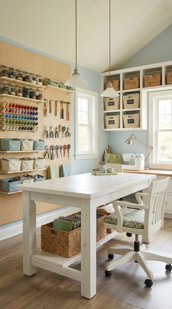 Bright she shed idea featuring pegboard tool storage, craft supplies, white work table, and built-in shelving with labeled bins.