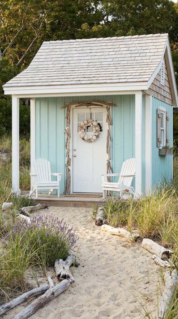 Coastal she shed idea with seafoam siding, cedar shake roof, driftwood trim, sandy path, and white Adirondack chairs.