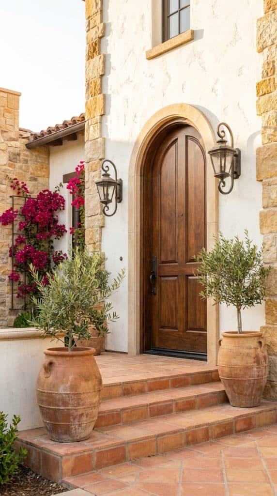 Tuscan-style front entrance idea with arched wood door, stucco walls, stone trim, terracotta tile steps, olive trees in large clay urns, and wrought-iron lanterns.