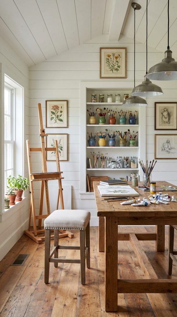 Bright she shed idea designed as a painting studio with easel, wooden table, organized art supplies, and white paneled walls.