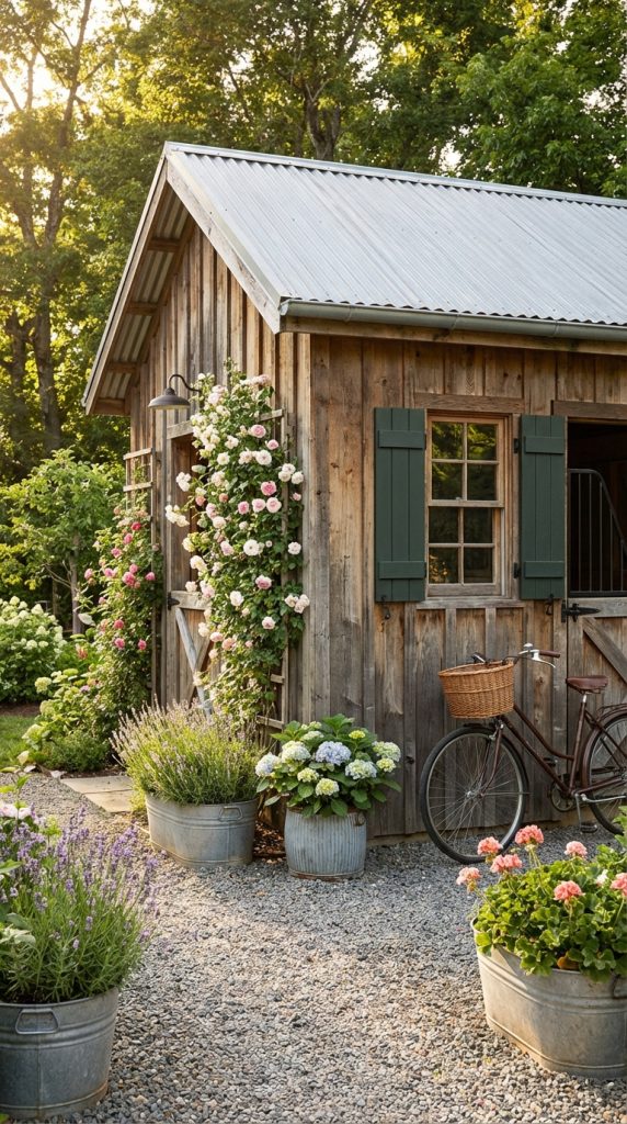 Charming she shed idea with barn-style wood exterior, shuttered window, metal roof, and flower-filled garden.