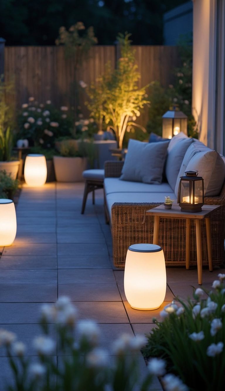 A cozy patio setting with wicker furniture and soft cushions, illuminated by glowing lanterns and surrounded by potted plants and flowers, creating a warm and inviting atmosphere at dusk.