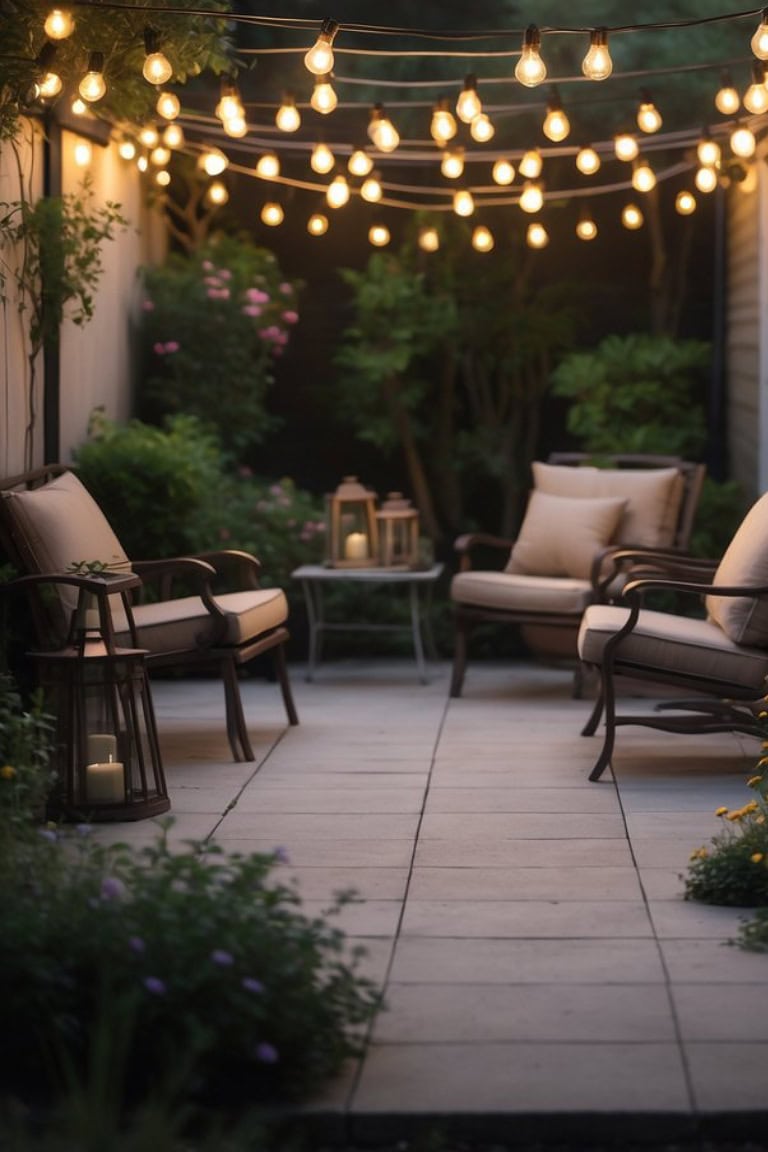 Cozy patio with string lights, cushioned chairs, and decorative lanterns under a soft evening light.
