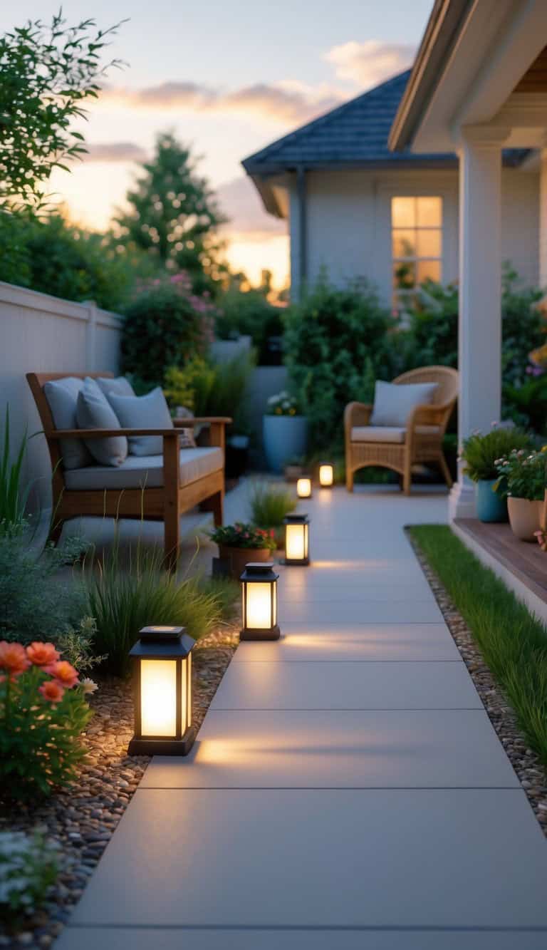 A cozy garden path illuminated by lanterns at dusk, surrounded by lush plants and featuring wooden and wicker chairs with cushions, leading towards a house with a lit window.