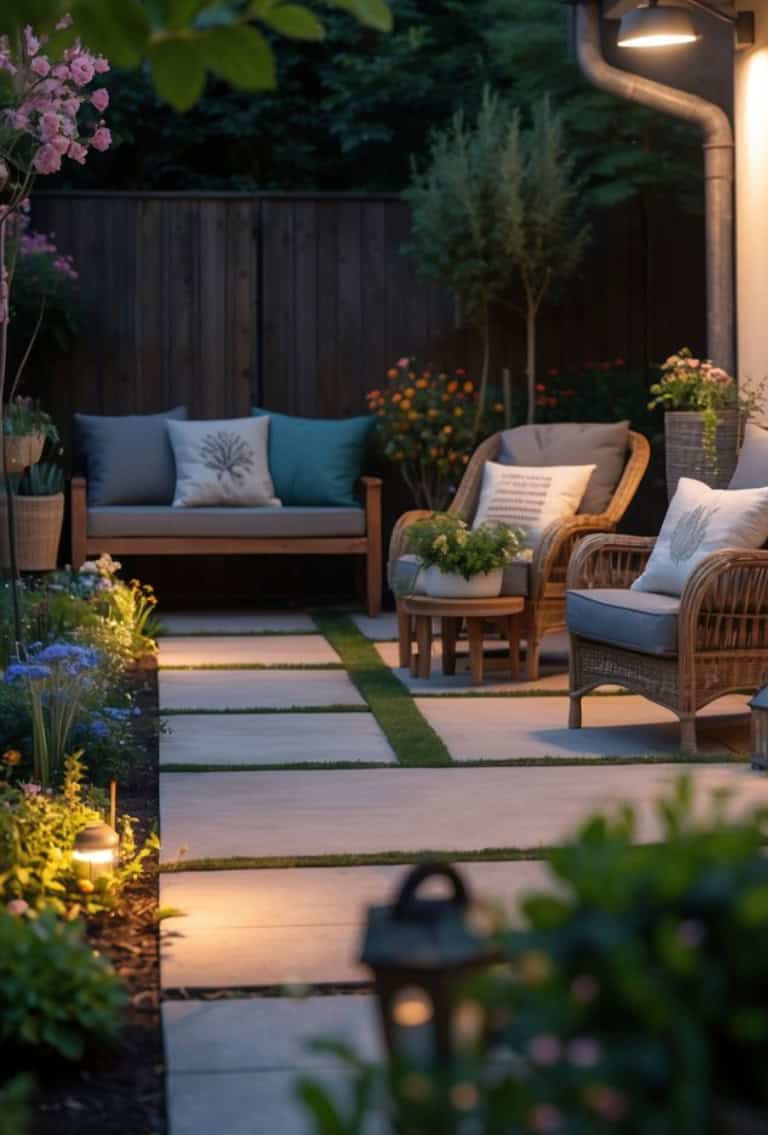 Cozy backyard patio with wicker chairs and a wooden bench adorned with cushions, surrounded by illuminated planters and lush greenery, all softly lit by garden lights at dusk.