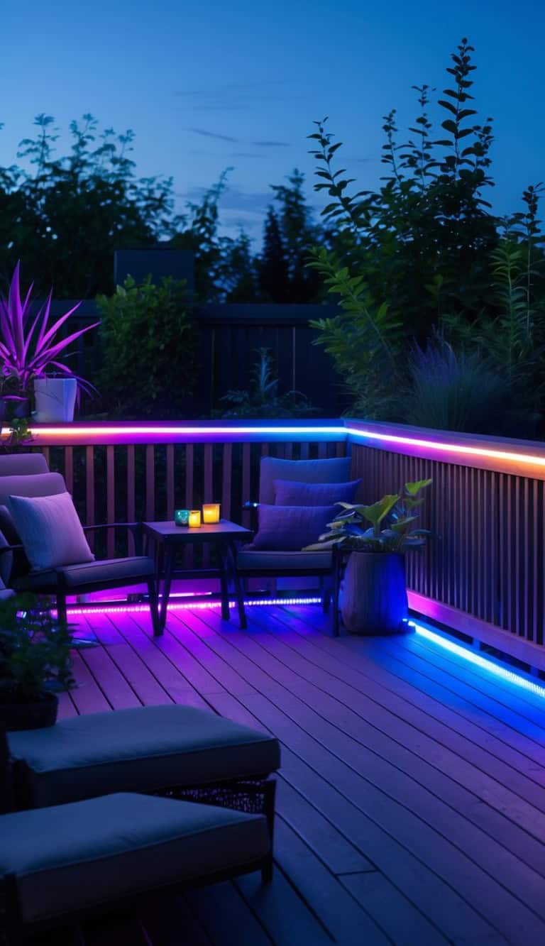 A patio deck illuminated at night with colorful LED lights, featuring outdoor chairs, cushions, a small table with candles, and surrounded by plants and trees.