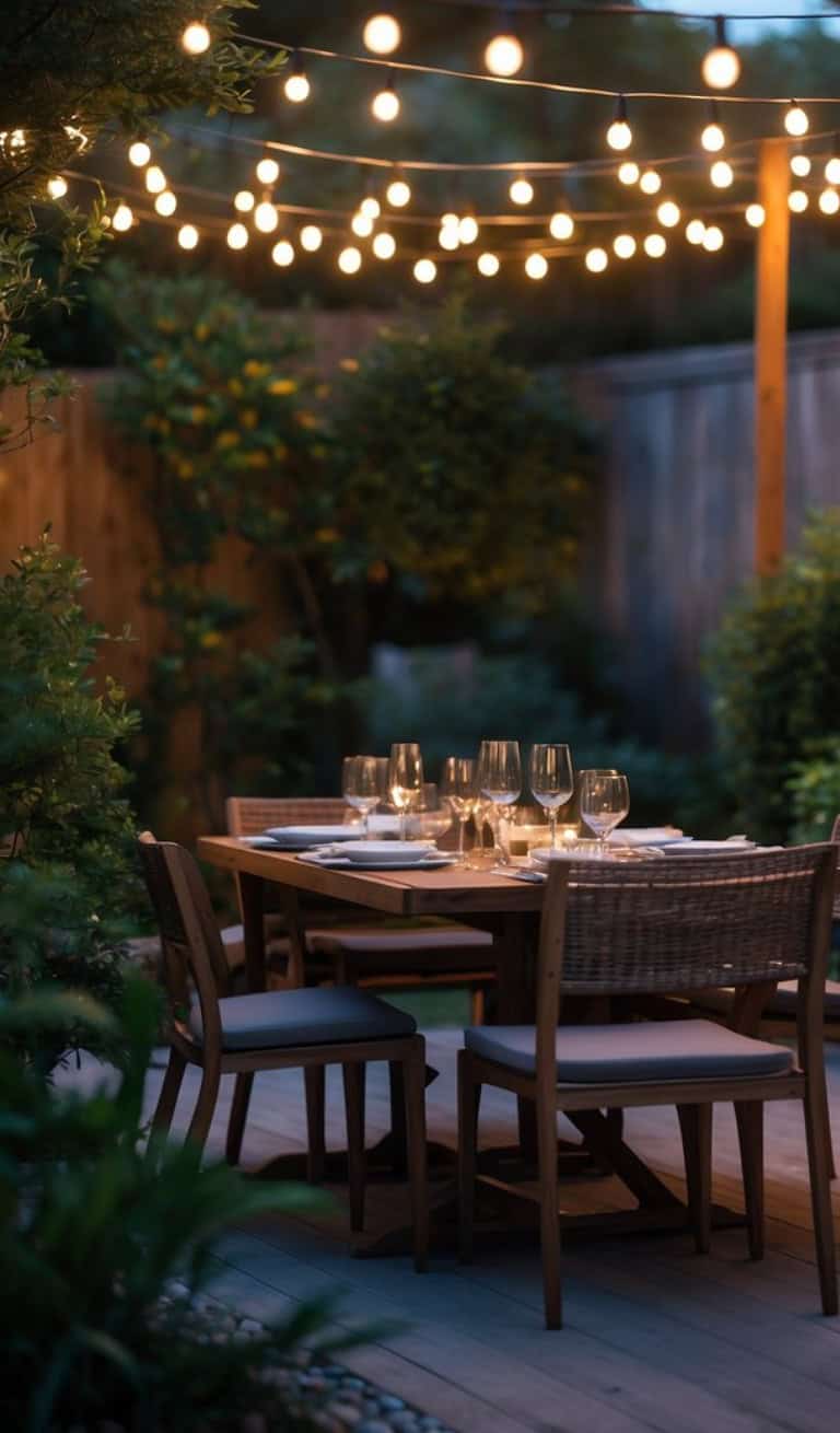 Outdoor dining area with a wooden table set for dinner, surrounded by chairs and lit by overhead string lights in a garden setting.