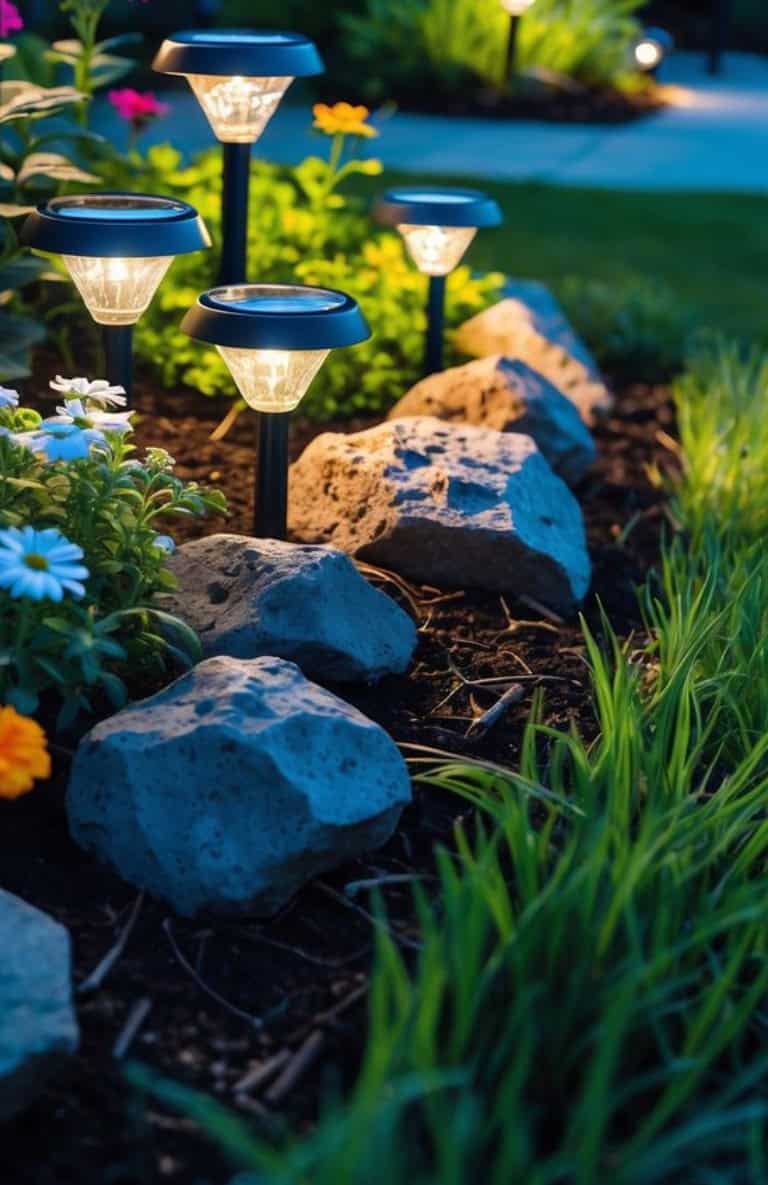 A row of solar garden lights illuminating a landscaped path with flowers, rocks, and green plants during nighttime.