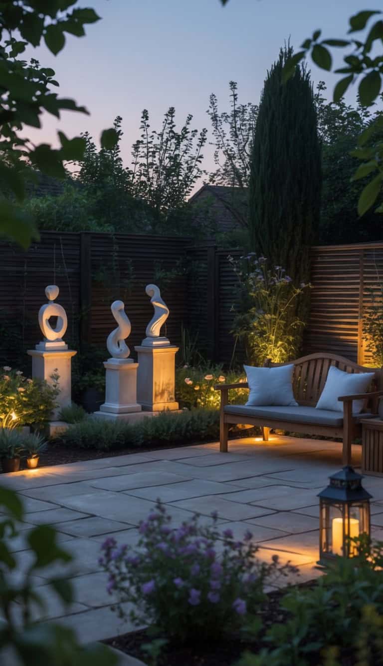 A tranquil garden at dusk, featuring modern abstract sculptures on pedestals and a wooden bench with cushions, all softly illuminated by garden lights. The background has a wooden fence and tall trees, enhancing the peaceful atmosphere.