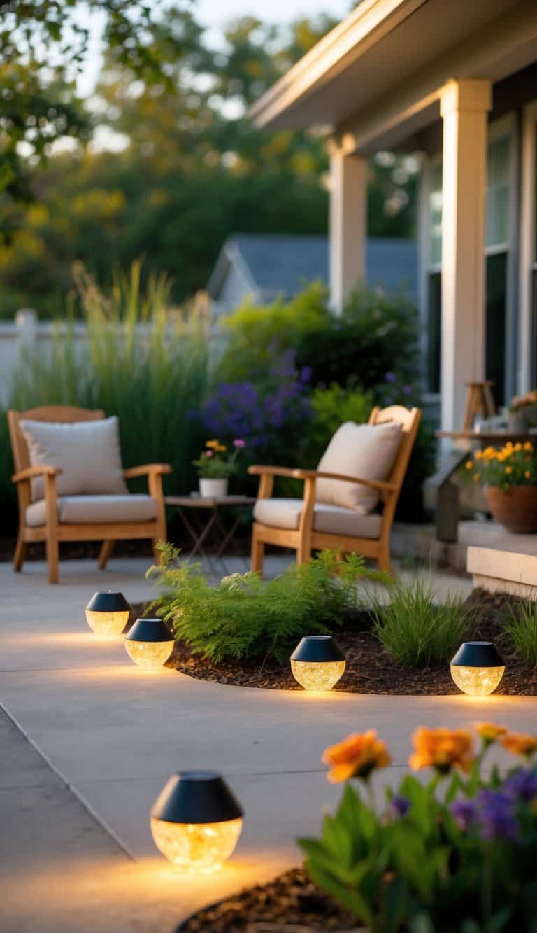 A cozy patio setting with two wooden chairs and cushions, bordered by a garden with colorful flowers and lush greenery, and illuminated by modern spherical pathway lights in the evening.