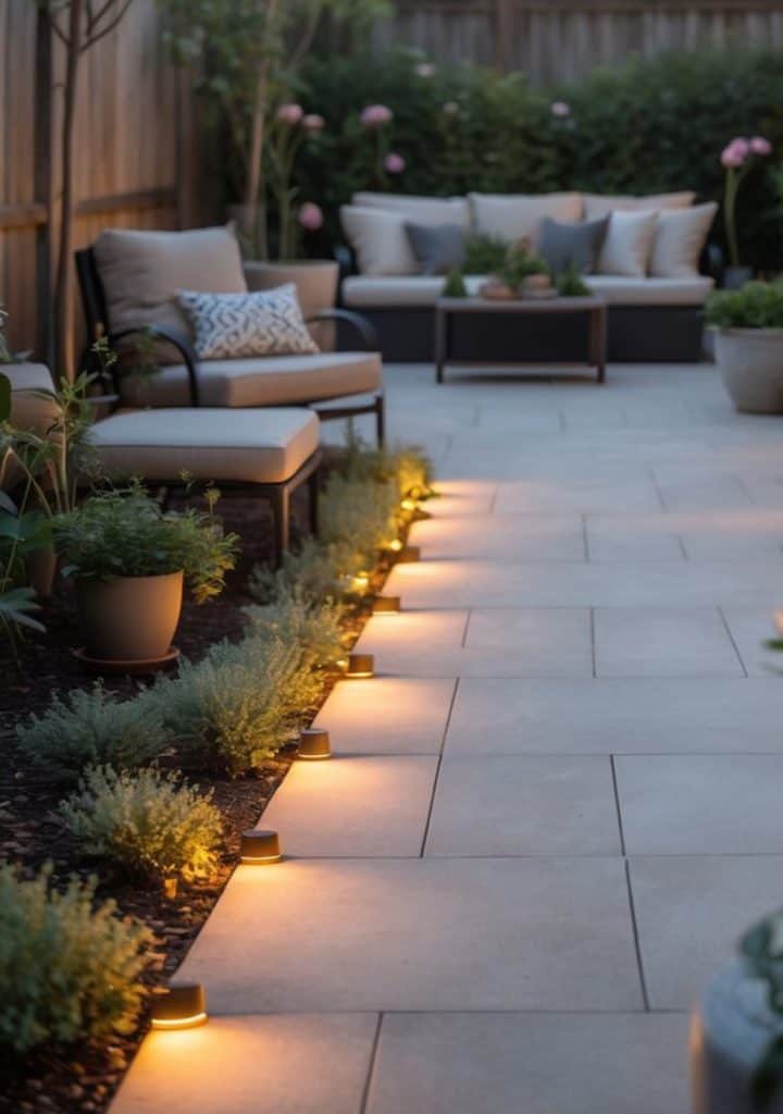 A cozy outdoor patio with a paved path lined with small, warm-lit ground lights. Potted plants and shrubs border the path, leading to a seating area with cushioned chairs and a sofa, surrounded by a wooden fence and lush greenery.
