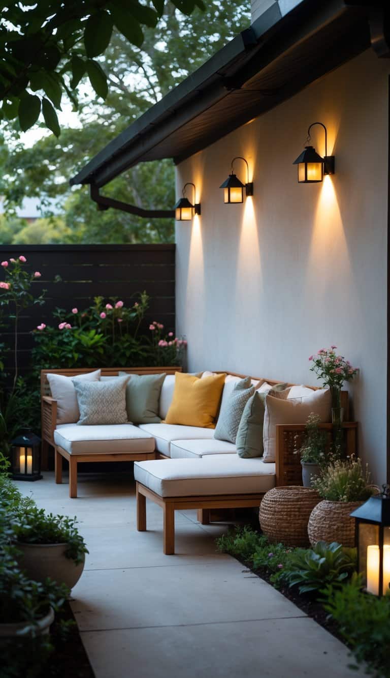 A cozy outdoor patio area with a wooden sectional sofa, adorned with various colored cushions, under illuminated wall-mounted lanterns, surrounded by lush greenery and pink flowers.