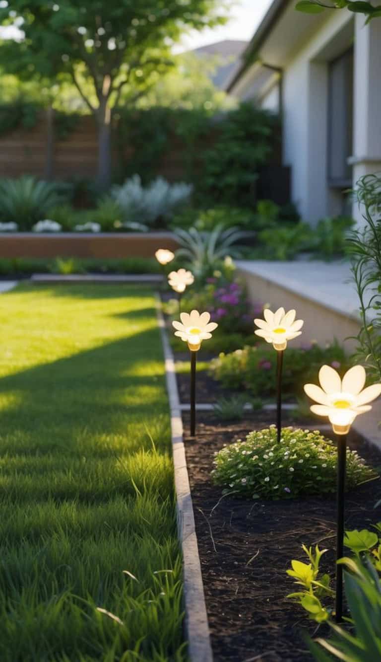 A garden with a neatly trimmed lawn and flower beds, featuring glowing flower-shaped pathway lights in the foreground, during daytime.