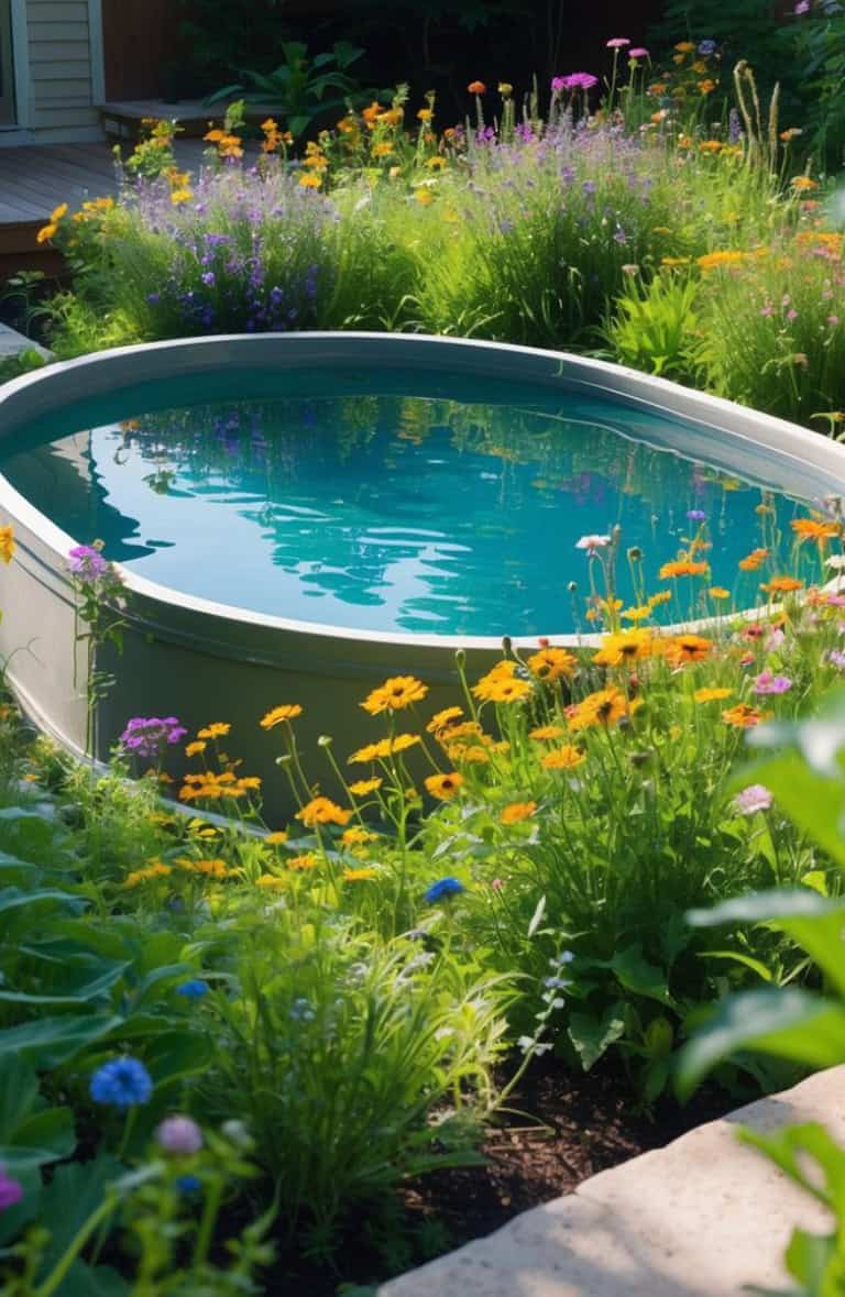 A small above-ground pool surrounded by a lush garden with a variety of colorful flowers, including yellow, purple, and blue blooms.