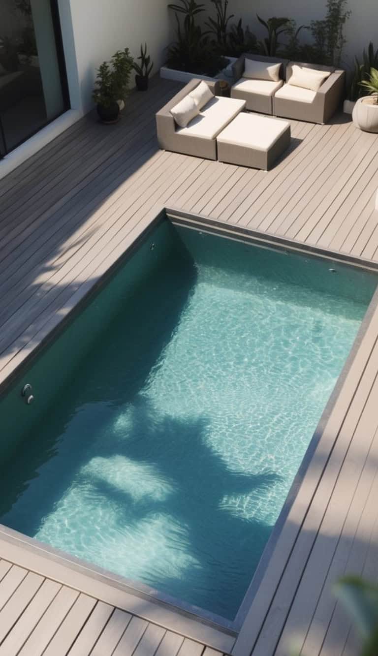 A small outdoor swimming pool surrounded by a wooden deck, with modern outdoor furniture and potted plants in the background.