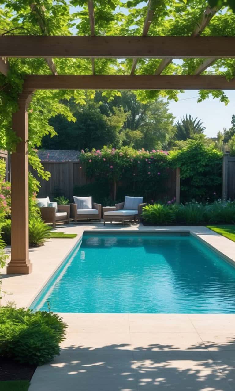 A backyard pool with clear blue water, surrounded by a patio area with cushioned seating, and shaded by a wooden pergola with green vines overhead. Lush plants and a wooden fence border the area.