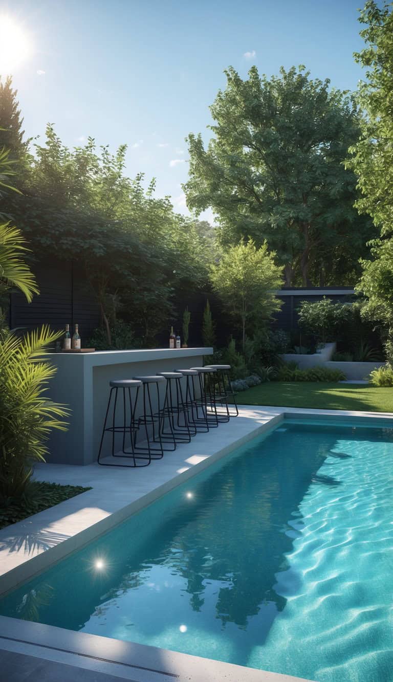 A luxurious outdoor scene featuring a swimming pool, a sleek modern bar with barstools, and lush greenery including tall trees and shrubs under a bright blue sky with the sun shining.