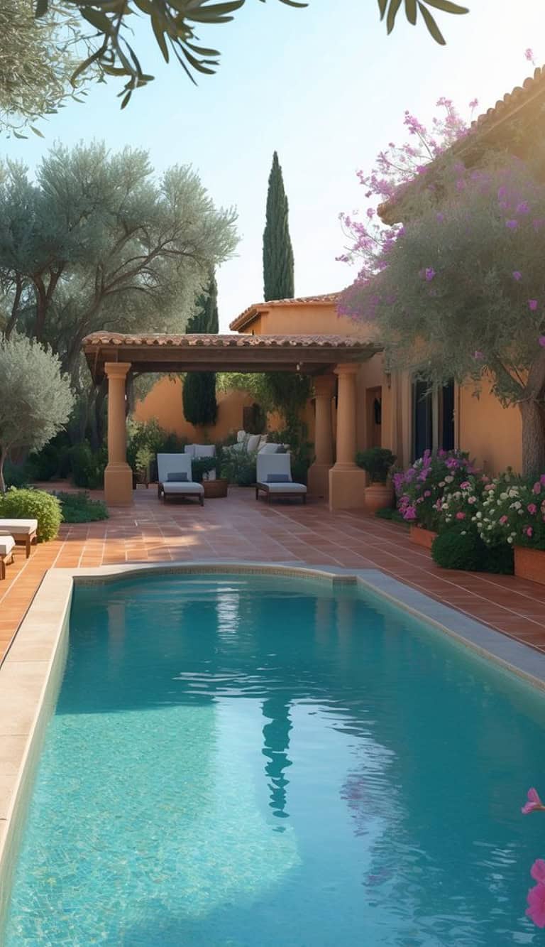A serene courtyard with a rectangular swimming pool surrounded by terracotta tiles, lounge chairs, olive trees, and blooming flowers next to a Mediterranean-style villa.