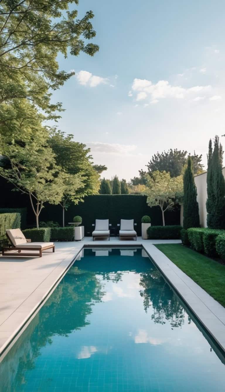 A serene backyard scene featuring a rectangular swimming pool surrounded by greenery, with lounge chairs placed at the far end next to a manicured hedge and trees.