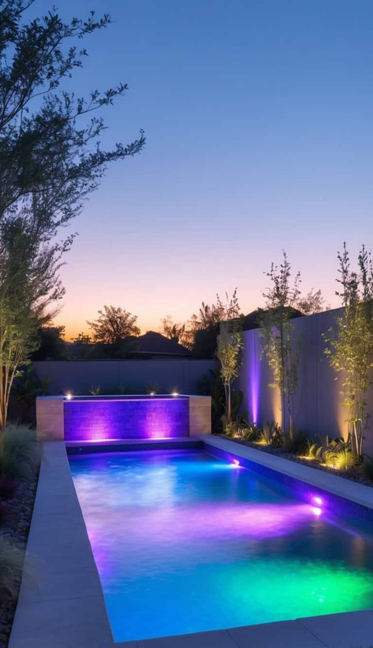 A modern swimming pool illuminated with colorful LED lights, set against a sunset sky with trees and plants surrounding the area.