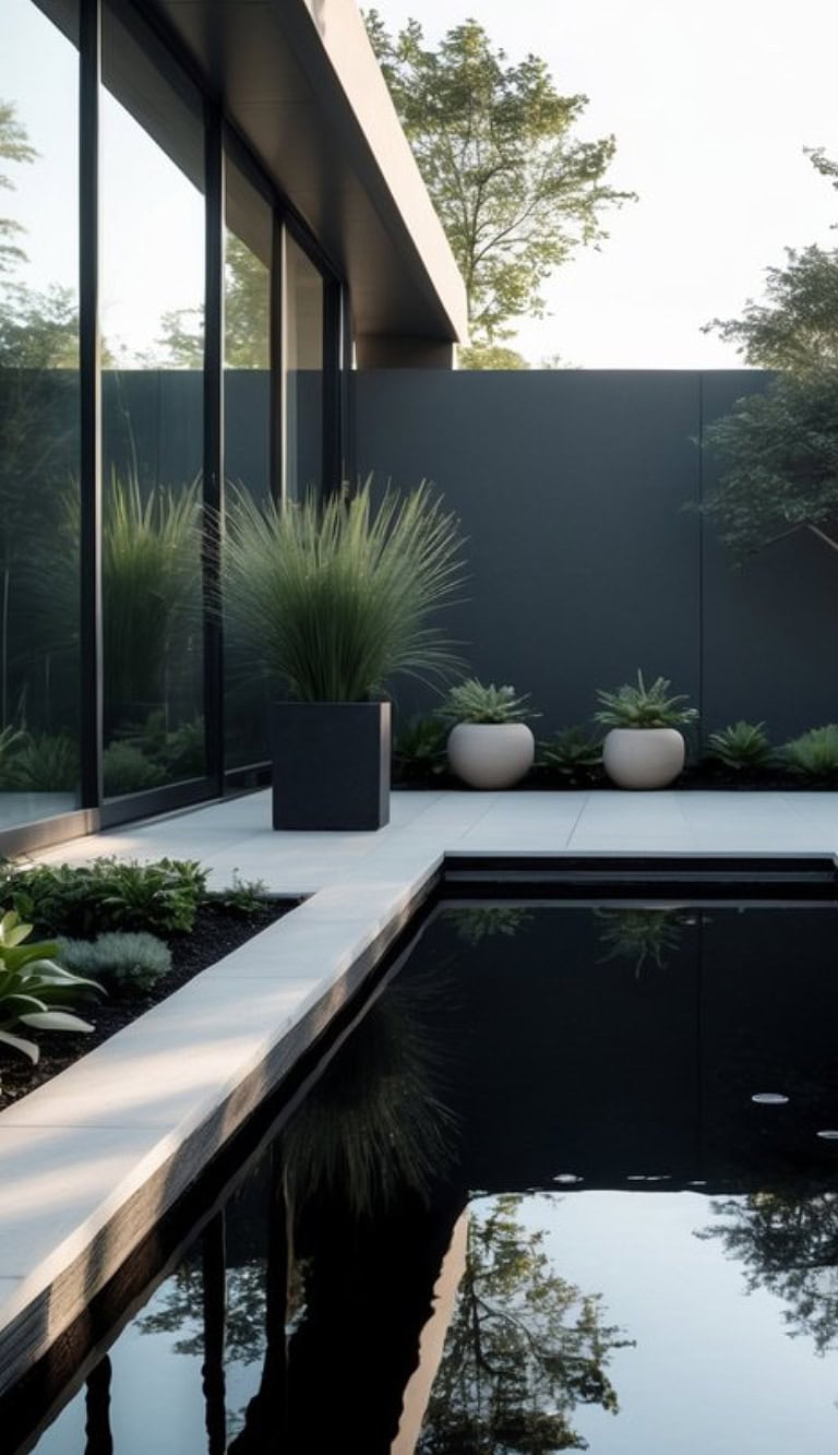 Modern minimalist outdoor space with large glass windows, a black reflective pool, potted plants, and trees in the background.