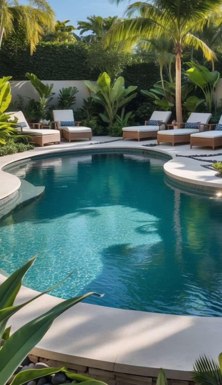 A luxurious outdoor swimming pool surrounded by tropical plants and several cushioned lounge chairs under palm trees.