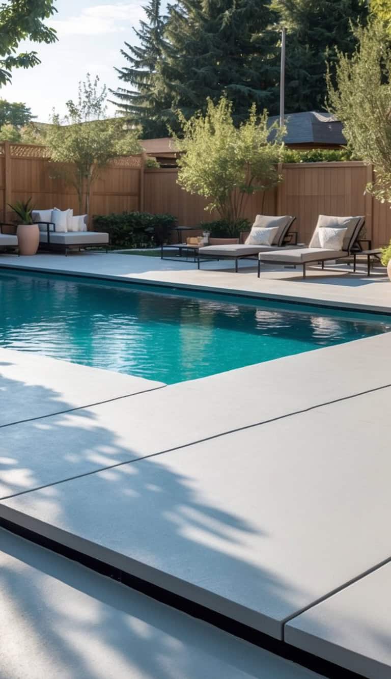 A modern outdoor pool area featuring a clean, white pool deck, with lounge chairs and small tables on the side. The space is adorned with potted plants and surrounded by wooden fencing and tall trees in the background.