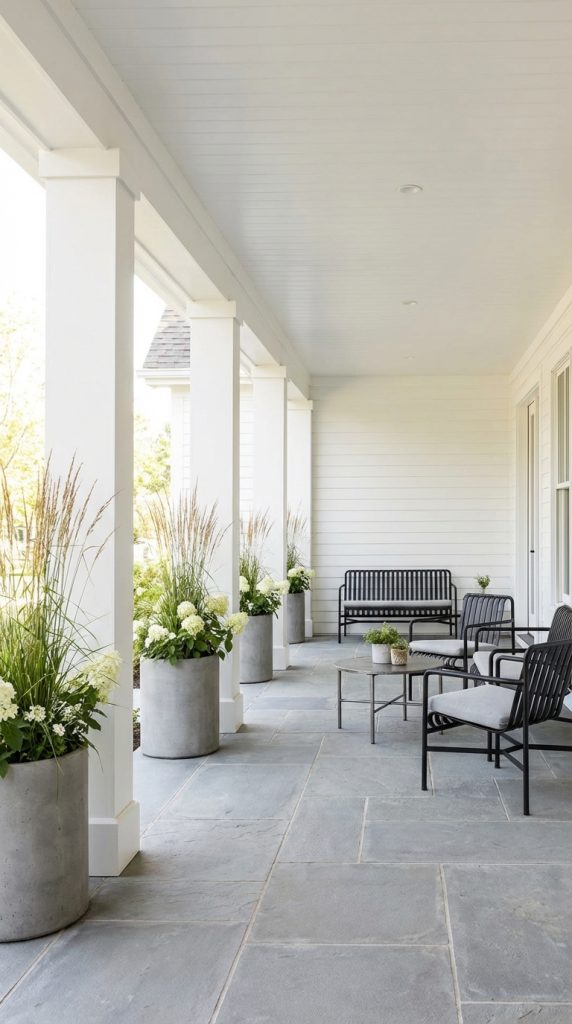 Evenly spaced white farmhouse porch columns beneath a paneled ceiling with recessed lighting and gray tile porch.