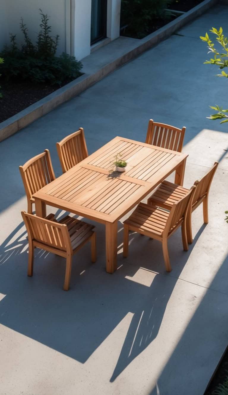A wooden outdoor dining set with six chairs and a table adorned with a small plant in a pot, placed on a concrete patio next to a white building with greenery in the background.