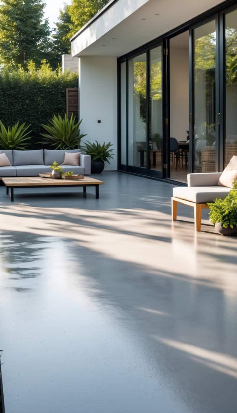 A modern outdoor patio with sleek grey concrete flooring, featuring a comfortable gray sofa and a wooden coffee table adorned with plants. Large glass doors in the background open into a well-lit indoor space. Lush greenery surrounds the area, contributing to a serene atmosphere.