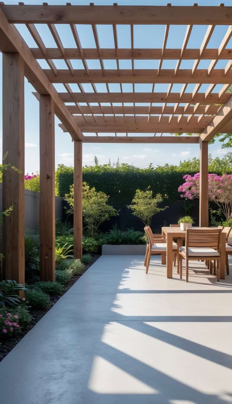 A modern wooden pergola over a patio with a dining table and chairs, surrounded by lush green plants and colorful flowers under a clear blue sky.