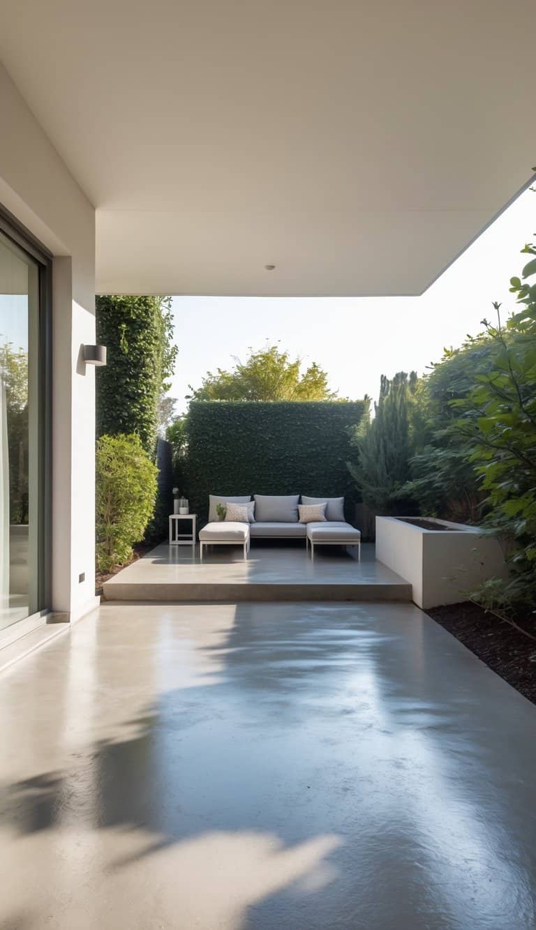 Modern outdoor patio with a polished concrete floor, featuring two white couches with cushions, surrounded by green shrubs and a hedge for privacy.