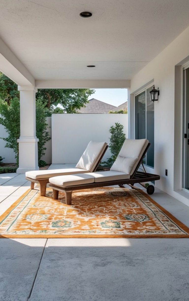 A patio area featuring two cushioned lounge chairs on an ornamental orange rug, surrounded by trees and a white wall.