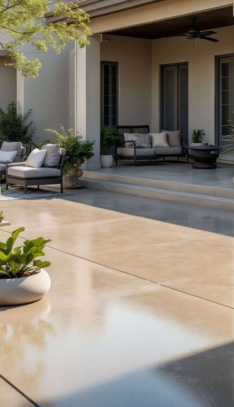 A modern outdoor patio featuring comfortable lounge seating, potted plants, and a covered area with large windows and a ceiling fan.